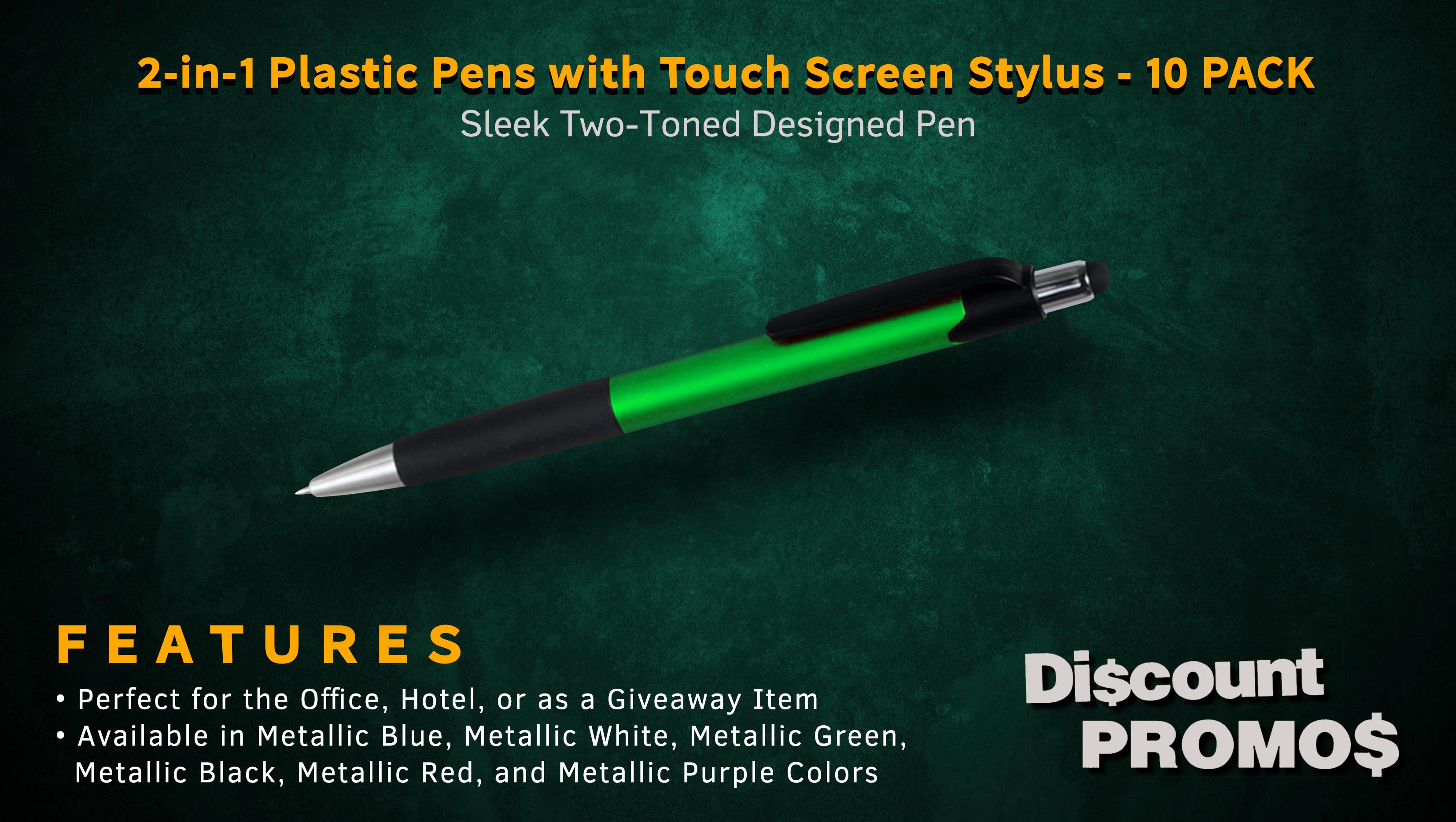 Pens with Touch Screen Stylus - 10 pack - Plastic Pens - Metallic Green
