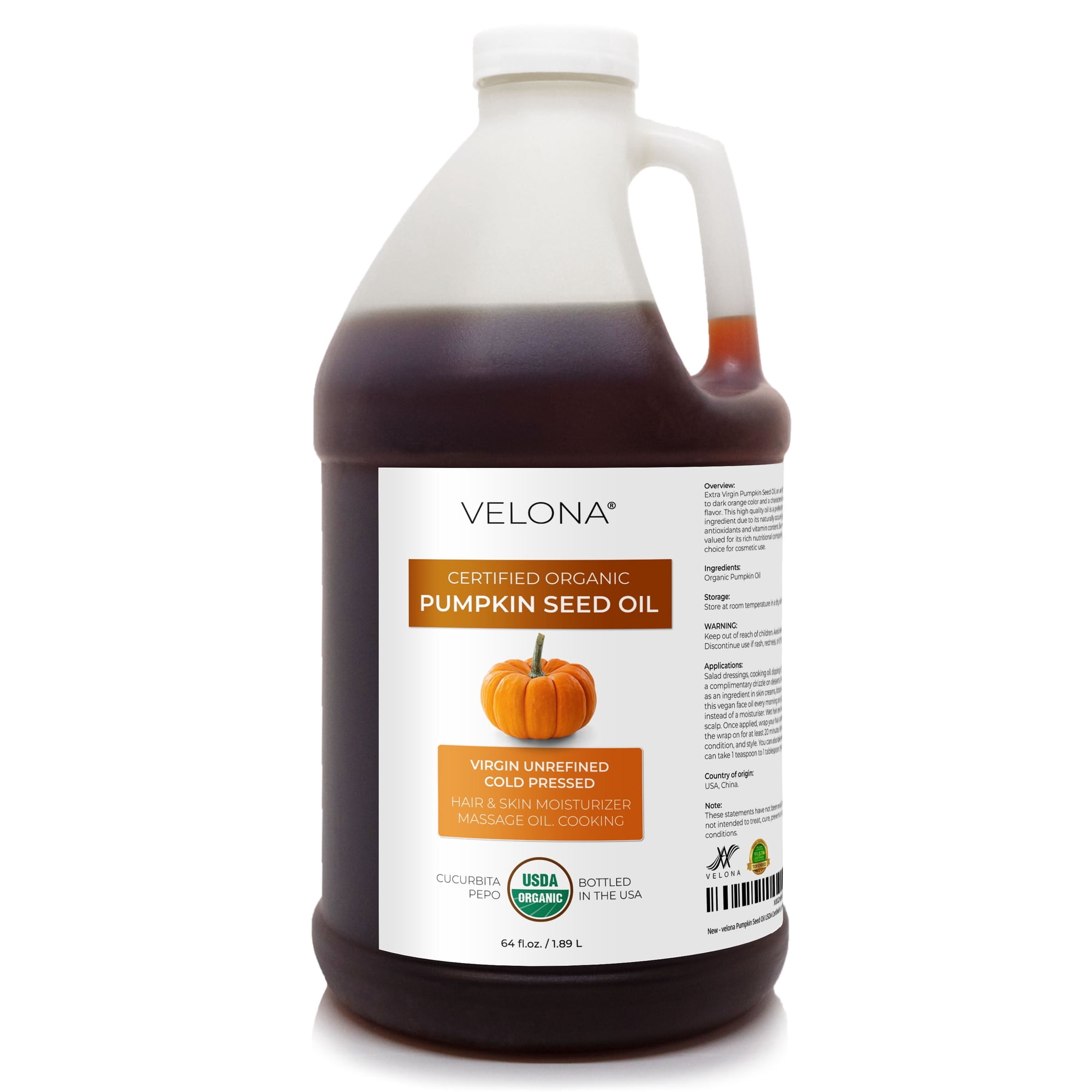 velona USDA Organic Pumpkin Seed Oil - 64 fl oz, Cold Pressed