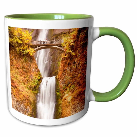 3drose, Multnomah Falls, Autumn, Bridge, Columbia River Gorge, Oregon, 11oz Two-tone Green Mug