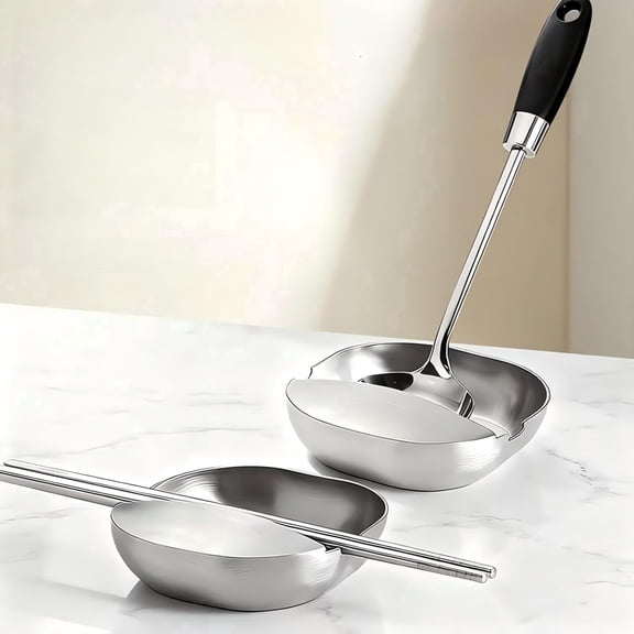 Stainless Steel Spoon Rest with Stable Base, Self-Standing Ladle and Utensil Holder for Kitchen Countertop, Cooking Tool Organizer with Snack Containers