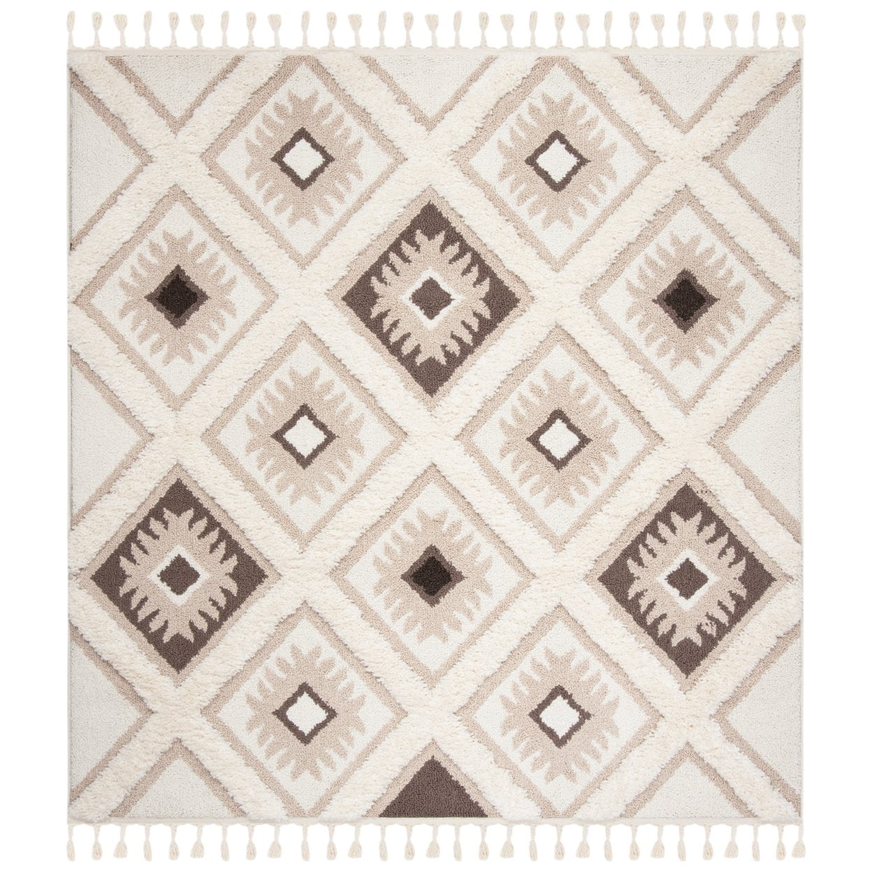 SAFAVIEH Moroccan Tassel Shag Elsie Moroccan Geometric Area Rug, Ivory/Brown, 8' x 10'