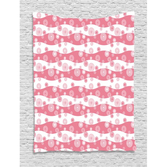 Retro Tapestry, Monochrome Repeating Spirals Swirls Ornament on a Wavy Stripes Background, Wall Hanging for Bedroom Living Room Dorm Decor, 60W X 80L Inches, Off White and Pink, by Ambesonne