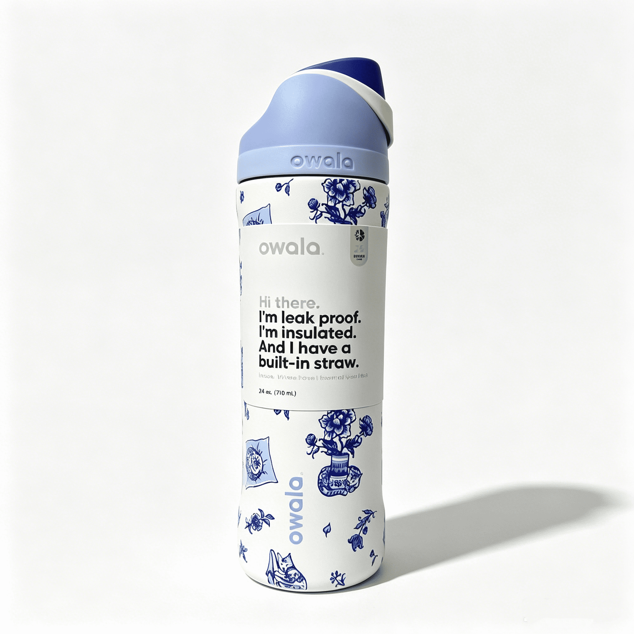 Owala FreeSip Stainless Steel Water Bottle, Kitty 24 oz Delft Cat Print