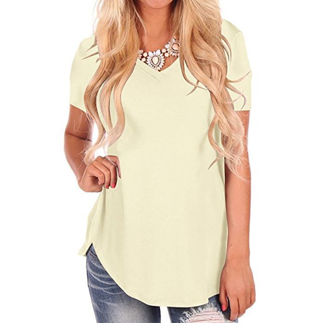 Innerwin Tee V Neck Ladies T Shirt Summer Solid Color Casual Tops Apricot M