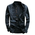thumbnail image 3 of Migroa Men's Linen Shirts Long Sleeve Shirts Casual Button Down Banded Collar Shirt Beach Summer Tops Spread Collar Beach Plain Tops Blue L, 3 of 5