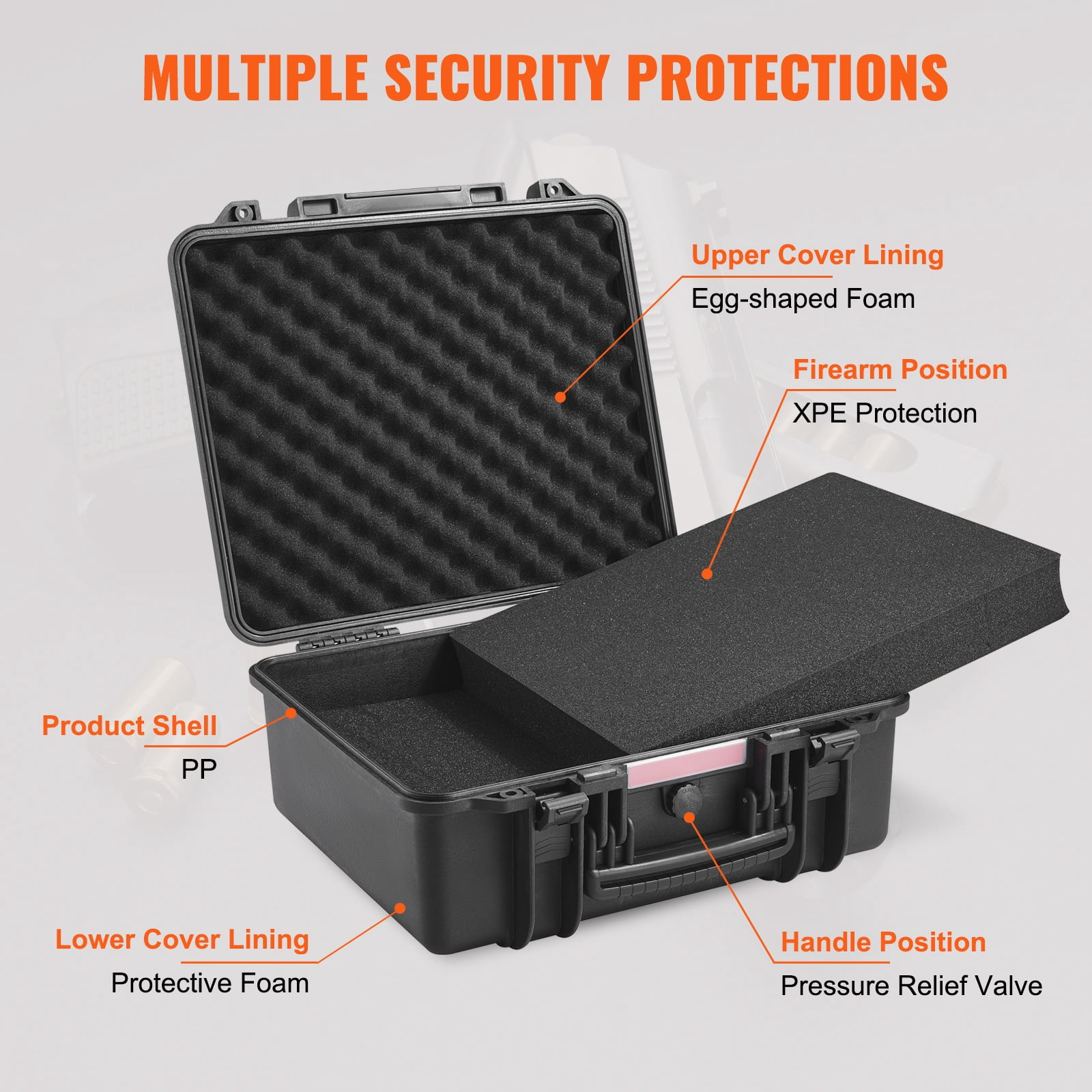 SKYSHALO Durable Pistol Containers with Customizable Foam Inserts, Water-Resistant & Secure Hard Handgun Case for Six Pistols, Dimensions 19.3x17.1x8.3 Inches, Features Lock Mechanism, Color: Black