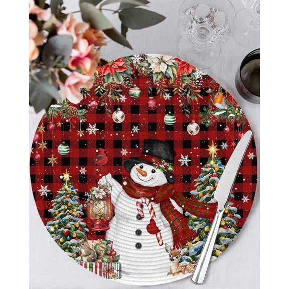 15 Inch Round Placemats Set of 4, Red Plaid Christmas Non Slip Heat Insulation PP Table Mats, Snowman Xmas Tree Ball Snowflake Winter Washable Place Mats for Kitchen Dining Party Table Decor