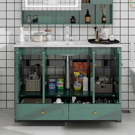 48" Green Bathroom Vanity with Ceramic Sink Combo, Abundant Storage Cabinet -4 Soft close doors and 2drawers