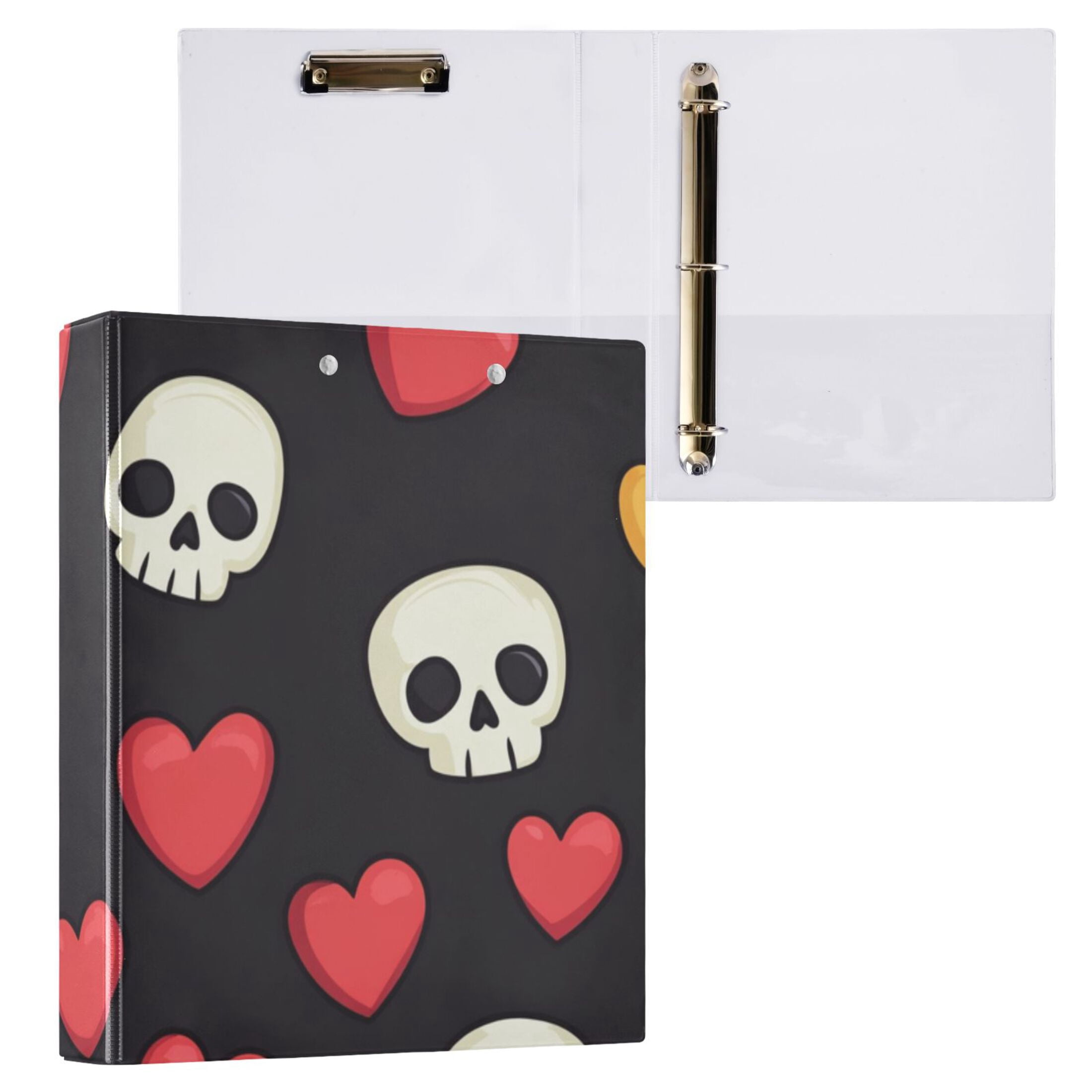 Skulls Hearts 3 Ring Binders 1.5 inch Hardcover File Folders with Interior Pockets A4 Size Organizer for School Office Hospital