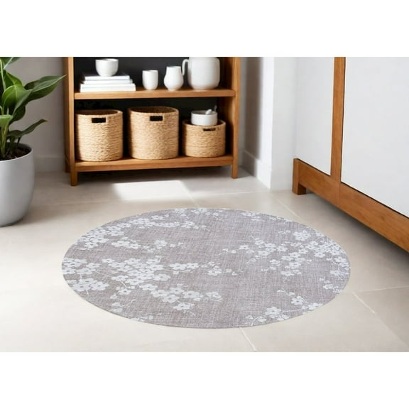 HomeRoots 5' Gray And White Round Oriental Non Skid Area Rug