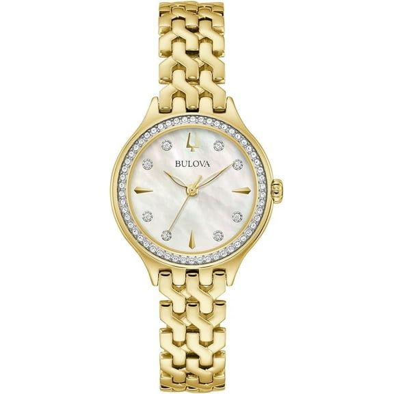 Bulova Women's Crytal Accent Gold-Tone Stainless Steel Watch with Mother of Pearl Dial - 98L312