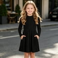 thumbnail image 2 of Cmtiyu Girls Fall Dresses Long Sleeve Crew Neck Pocket Ribbed Knit Dress Soft Lightweight Casual Black A Line Swing Dress for Girls 5-15 Years, 2 of 9