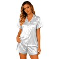 thumbnail image 2 of Cozy Couple Pajamas Set Short Sleeve Collar Button Down Tops with Side Slit Short Pants Sleepwear for Women White,XL, 2 of 7
