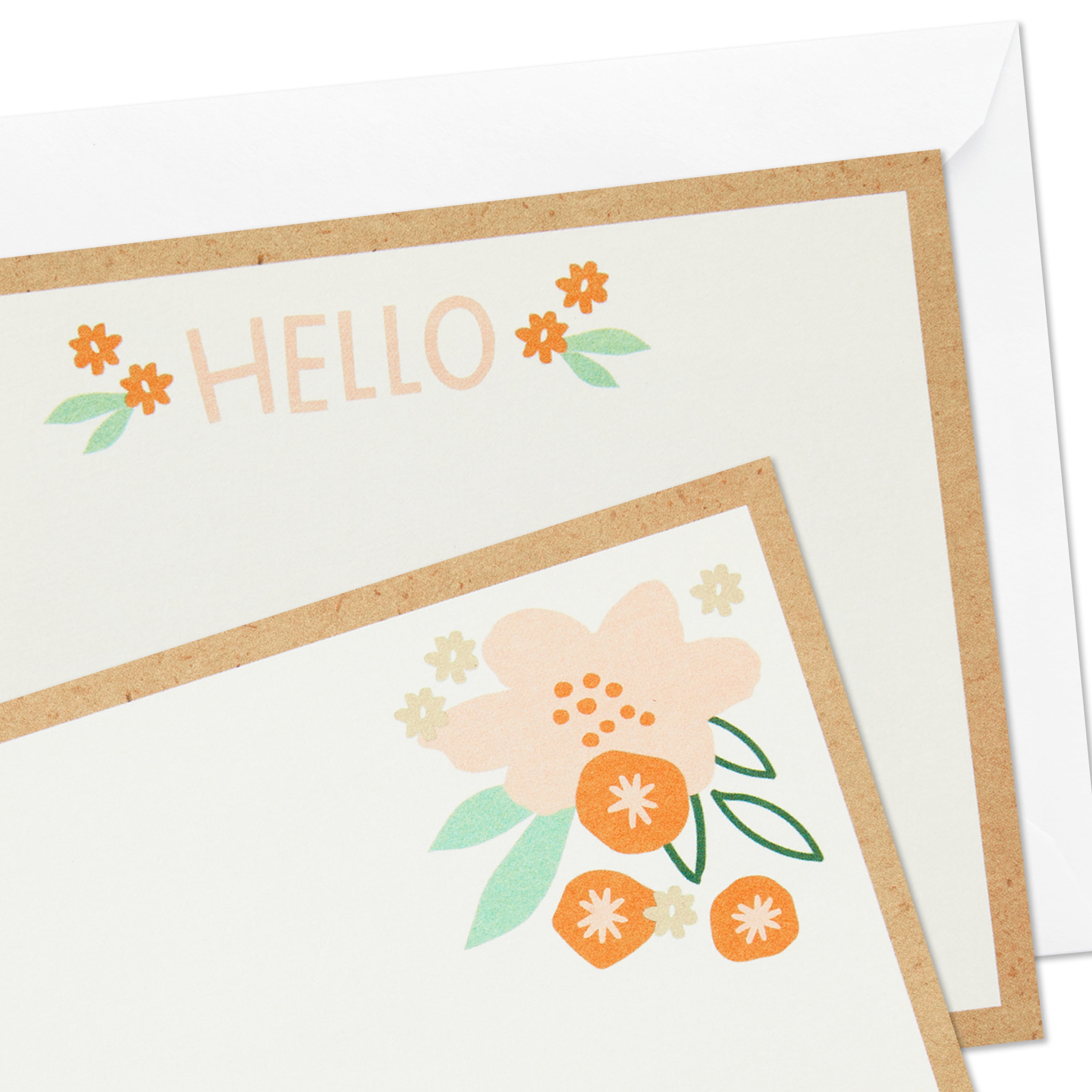 Hallmark Flat White 5.5" W x 4" H Note Cards in Caddy, Hello and Floral on Kraft, 40 Ct.