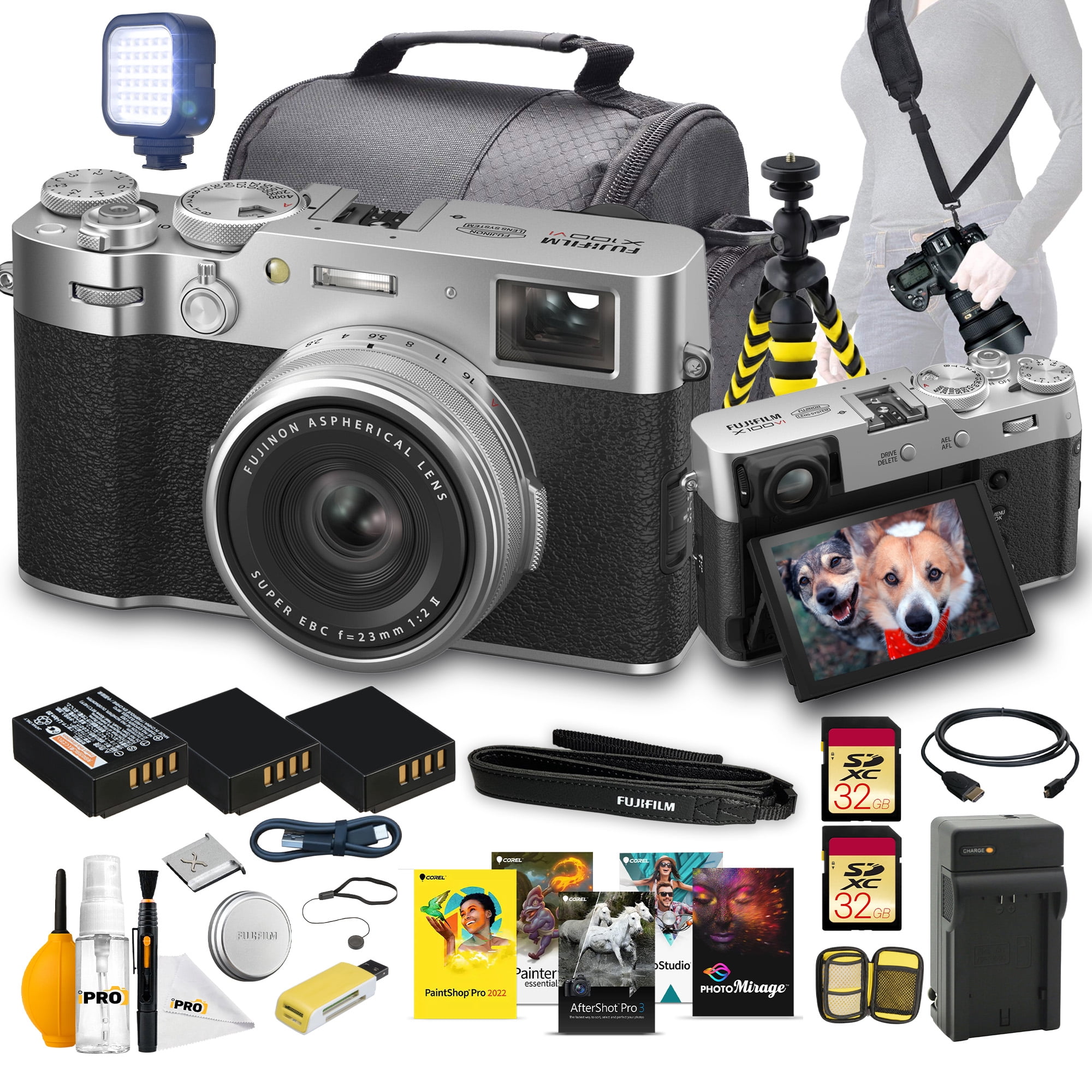 FUJIFILM X100VI Digital Camera 40MP APS-C, 23mm f/2 Lens, IBIS, Hybrid Viewfinder, Compact Street & Travel Camera (Silver) Bundle with Case, 32GB Card, Battery, Charger, Tripod & Cleaning Kit
