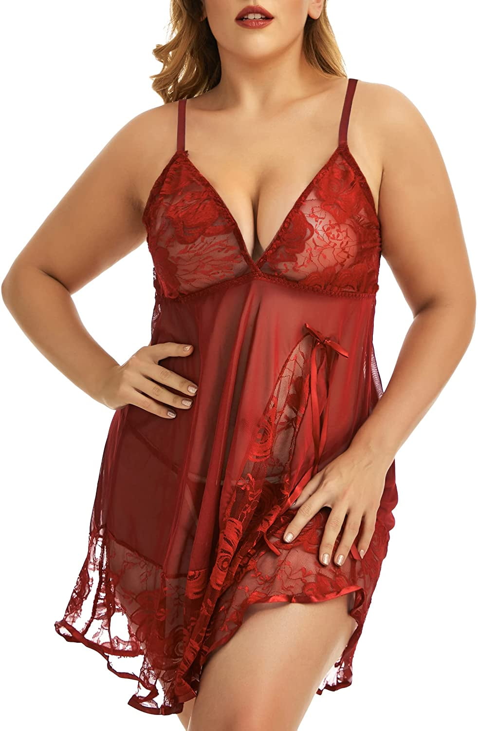 ADOREJOY Women's Lingerie Lace Babydoll Plus Size Sleepwear (red,S) at   Women's Clothing store