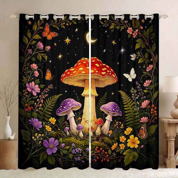Homewish Cute Plant Mushrooms Kitchen Curtains,Dreamy Floral Butterfly Stars Black Out Curtains Pack of 2 (42x63 Each)