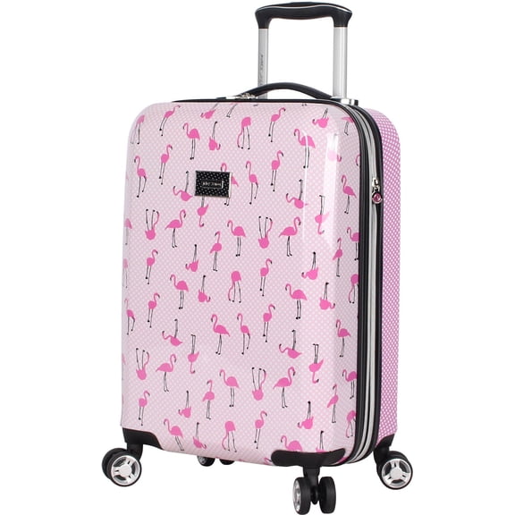 Betsey Johnson 20” Hardside Spinner Luggage, Pink/White