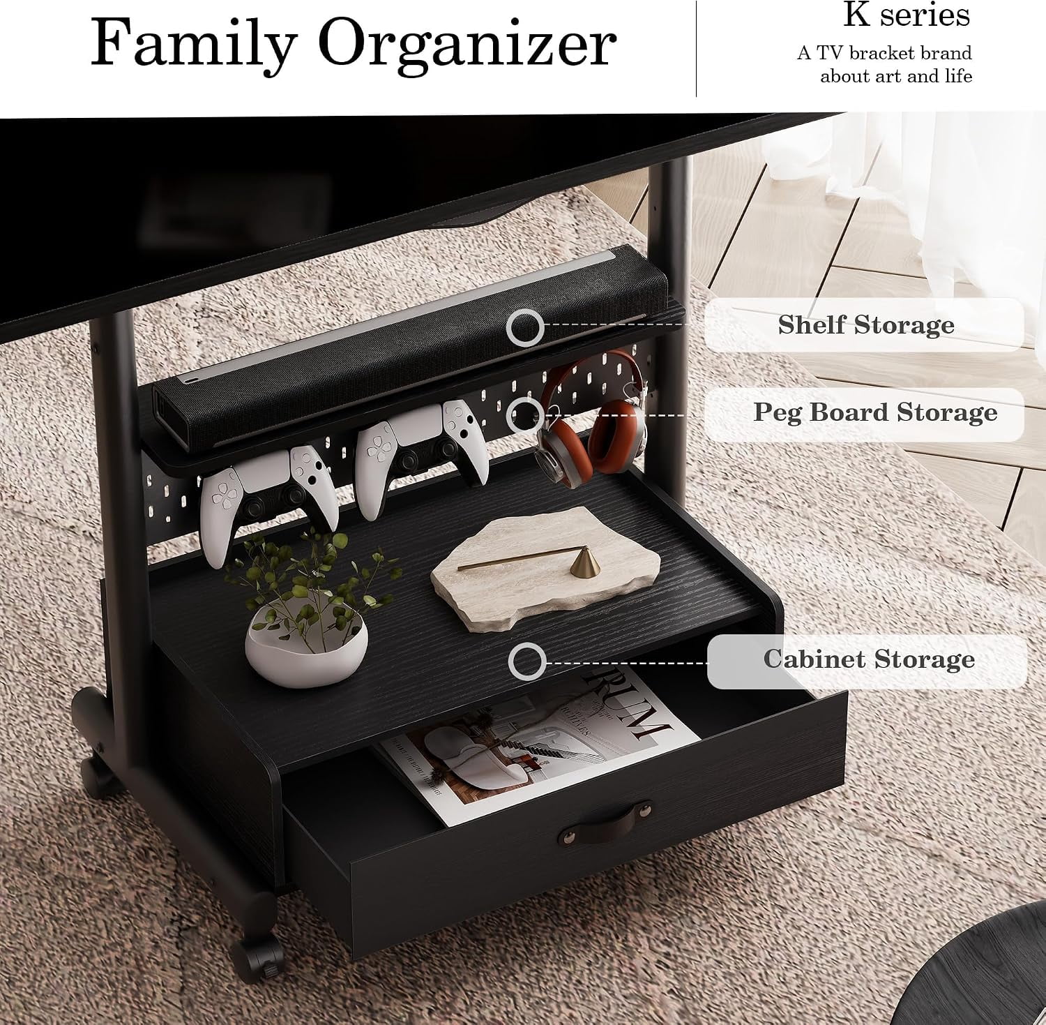 FITUEYES Rolling TV Stand for 40–85 Inch TVs, Black, Drawers & Pegboard, Storage Shelf