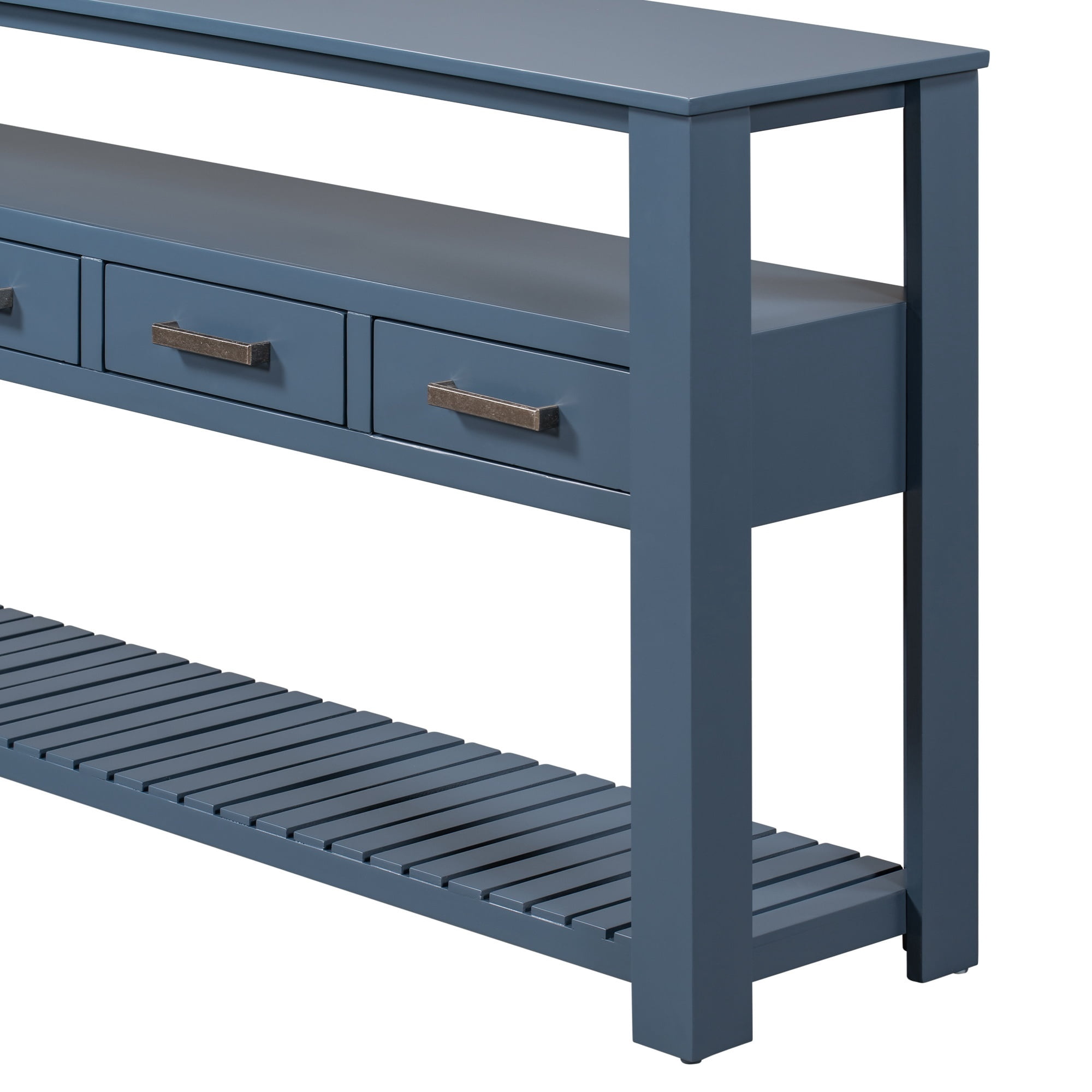 3-Tier Storage Console Table with 4-Drawer, Long Entryway Cabinet DisplayTable with Open Shelf, Versatile Sofa Table with Pine Legs