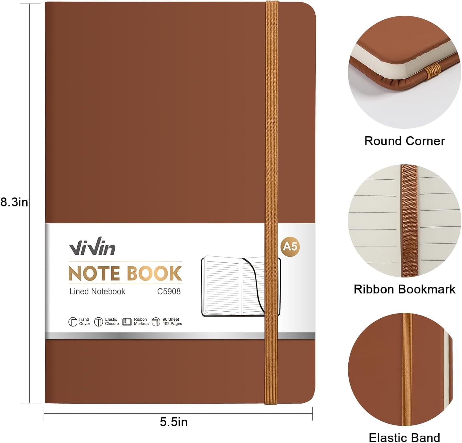 Lined Journal Notebooks, 3 Pack, (Black, Navy, Brown), 192 Pages, Medium 5.5 x 8.3 inch, College Ruled, A5 Hardcover Notebooks, Journaling Notebooks for Work, Writing, School
