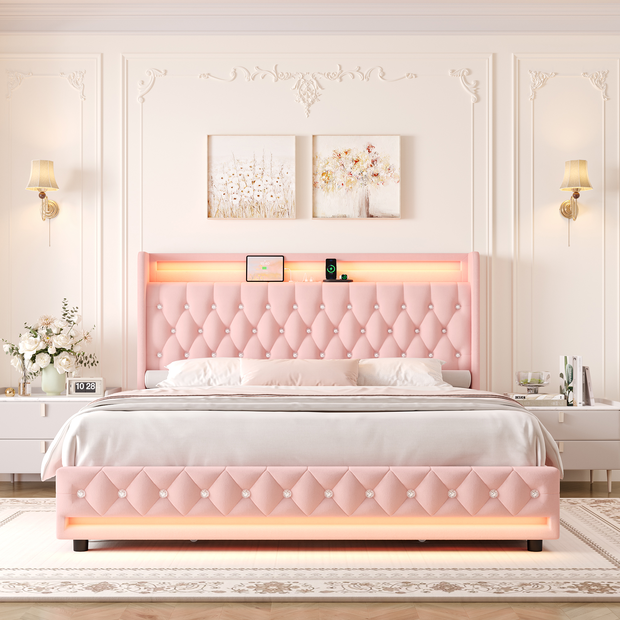 Homfa King Size LED Bed Frame with 4 Storage Drawers, Modern Wingback Crystal Button Tufted Upholstered Platform Bed Frame with Outlets and USB Ports & Display Platform, Pink
