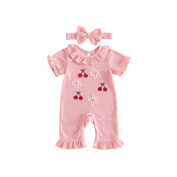 Cjfdfy Newborn Baby Girl Summer Fall Clothes Infant Baby Girl Outfits 0 3 6 12 18 Months Pink Waffled Knit Romper Cute Cherry Flower Embroidery Ruffled Collar Short Sleeve Jumpsuit and Headband Set
