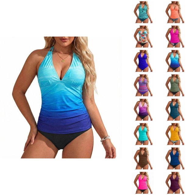Womens Swimsuits Tankini Fashion Deep V Neck Slimming Tummy Control with High Waisted Bottom Two Piece Bathing Suits Woman