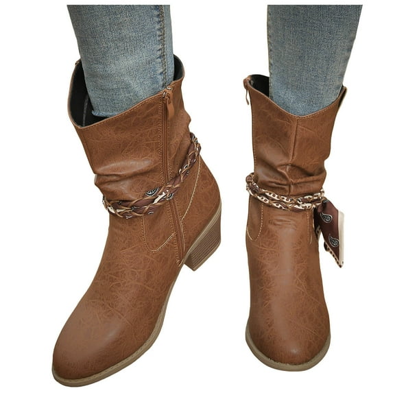 Slouchy Cowboy Boots for Women Retro Leather Stacked Heel Lace up Beaded Pointed Toe Zipper Dressy Winter Short Booties