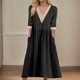 thumbnail image 2 of Vestido largo boho para mujer: vestido informal de manga corta con cuello en V, botones y bolsillos, cintura alta, 2 of 5