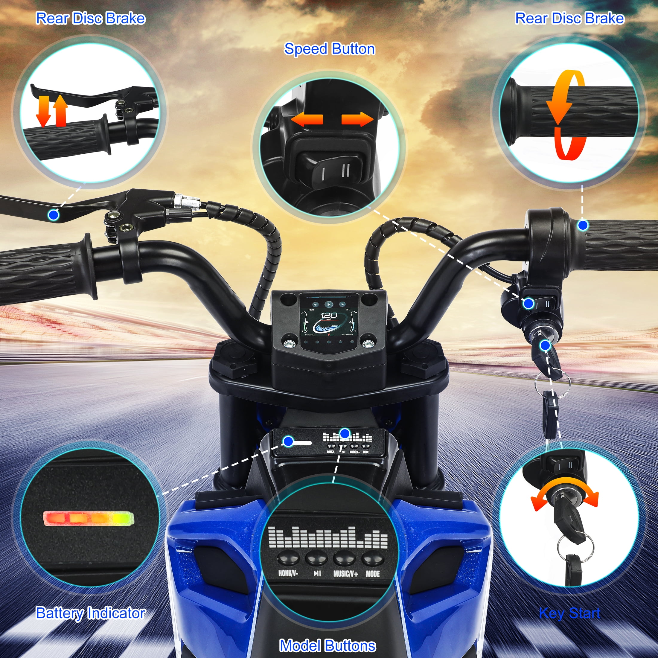 Skyhot 24V Electric Dirt Bike for Kids, 15km/h Electric Motorcycle Beginners Friendly, Power Display, Brushless Electric Machine, Rear Spring Suspension, 2-Speed Modes for Kids Ages 3-8, Blue