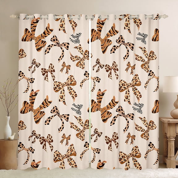 Feelyou Girls Cute Bow-tie Blackout Curtains Set of 2 (52x84 Each), Leopard Print Bowknot Ribbon Window Curtains, Cute Cartoon Theme Curtains and Drapes, Black Out Curtains Decor