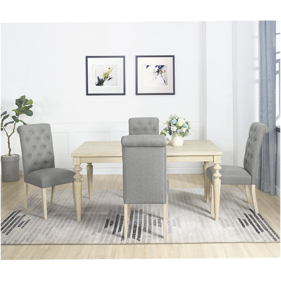 Beige Brown 5-Piece Dining Set with Turned-Leg Table and 4 Tufted Chairs
