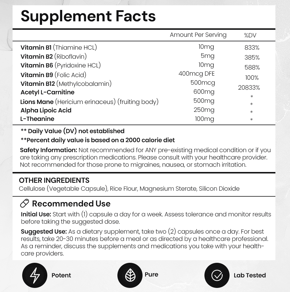 Elite Brain - Nootropic Supplement For Focus, Memory & Mental Clarity – Caffeine-Free Natural Energy with Lion’s Mane, L-Theanine & Vitamin B Complex (60 Capsules)