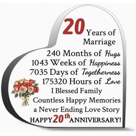 20 Years Of Marriage Gift 20Th Wedding Anniversary Acrylic Heart Marriage Keepsake Decoration Gift For Gifts Desk Decorative Sign Acrylic Sign For Office Desk Table Shelf,4x4 inch