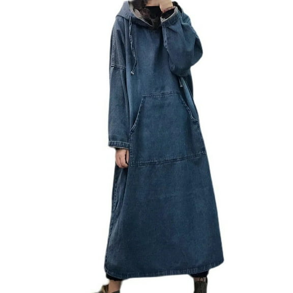 RATTOYY Leisure Women Spring And Autumn Retro Street Loose Size Denim Hooded Long Sleeved Dress Versatile Dress Ladies Relaxed Fit Dresses