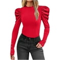 thumbnail image 2 of Uootdi Womens Puff Long Sleeve Tops Mock Gift Neck Button Detail Ruffle Trim Solid Basic T Shirt Casual Loose Pullovers, 2 of 7
