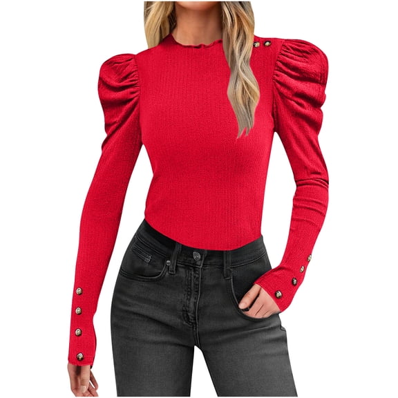 Lenpel Women's Tops Trendy Pleated Long Sleeve Mock Neck Side Button Slim Business Casual Work Shirts Dressy Tunic Blouses(Red,X-Large)