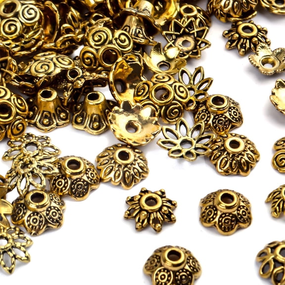 200pcs Antique Gold Bead Caps Spacer Beads Flower Bead Caps Bali Style for Necklace Bracelet,10 Styles