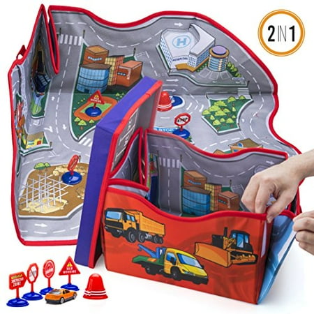 Prextex 2 In 1 Convertible Toy Cars Storage Bin Toy Car Play Mat