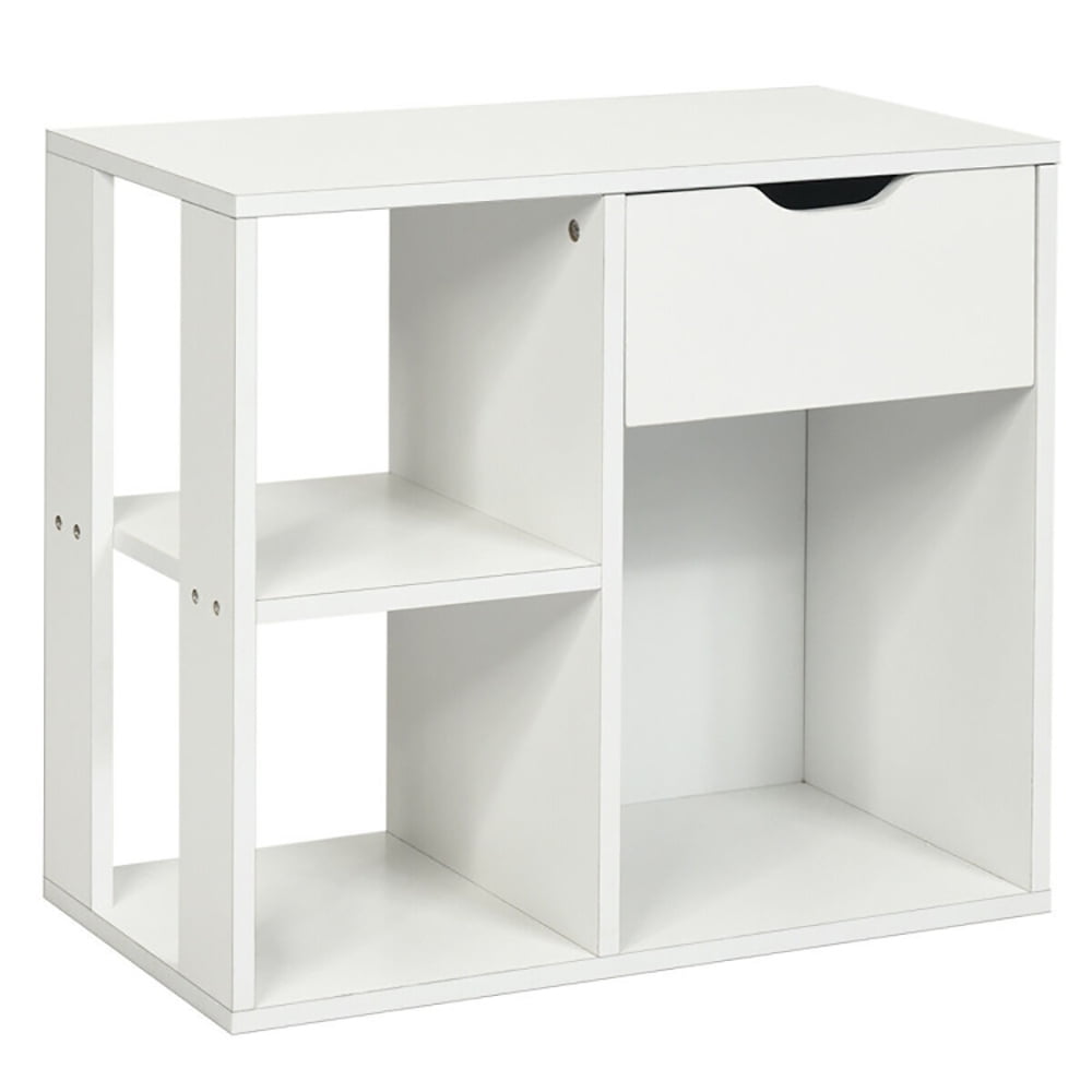 Finihen Side Table, 3-Tier Side Table with Storage Shelf and Drawer Space, for Living Room, Bedroom, White