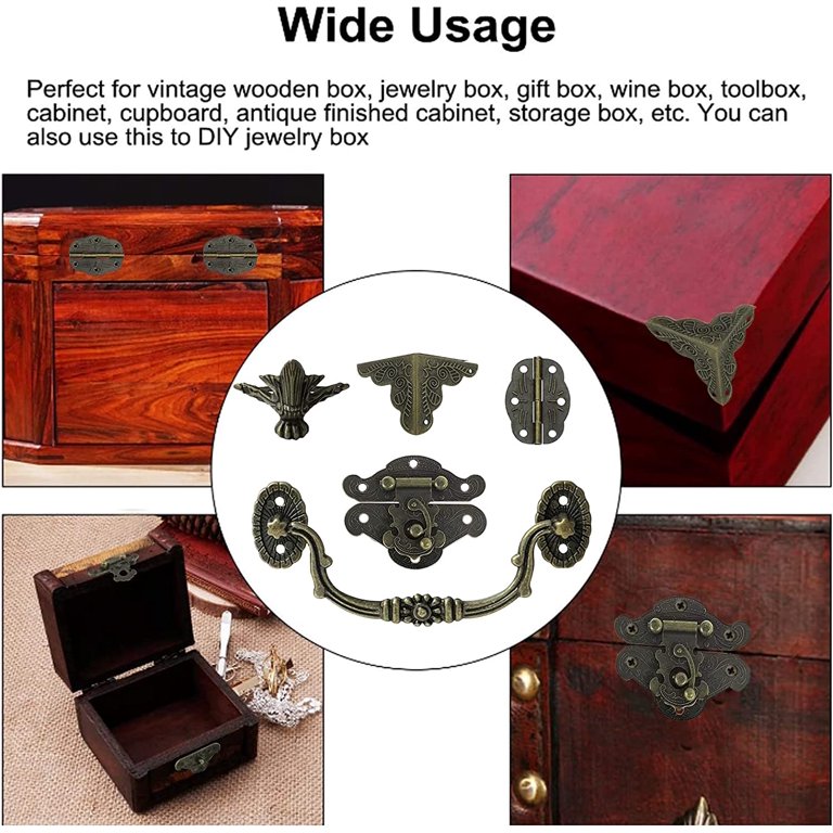 SDTC Tech Antique Engraved Latch Hasp Hinges and Box Corner Protectors Hardware Kit for Jewelry Box Decoration and Repair