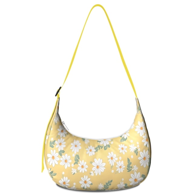 Lightweight Hobo Bag with Daisy Floral Design Adjustable Strap Smooth Zipper Nylon Material Suitable for Daily Use and Outdoor Activities