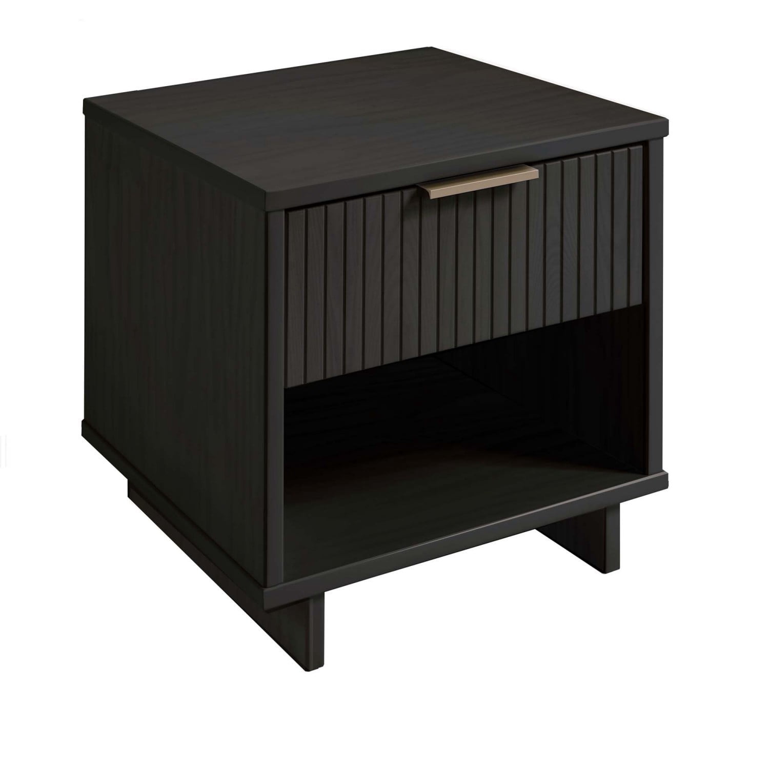 Charcoal grey Nightstand, Modern Contemporary Bedside Table with 1 Drawer, Solid Wood Ribbed Drawer Front and Gold Handle, Glam Storage End Table for Bedroom Living Room