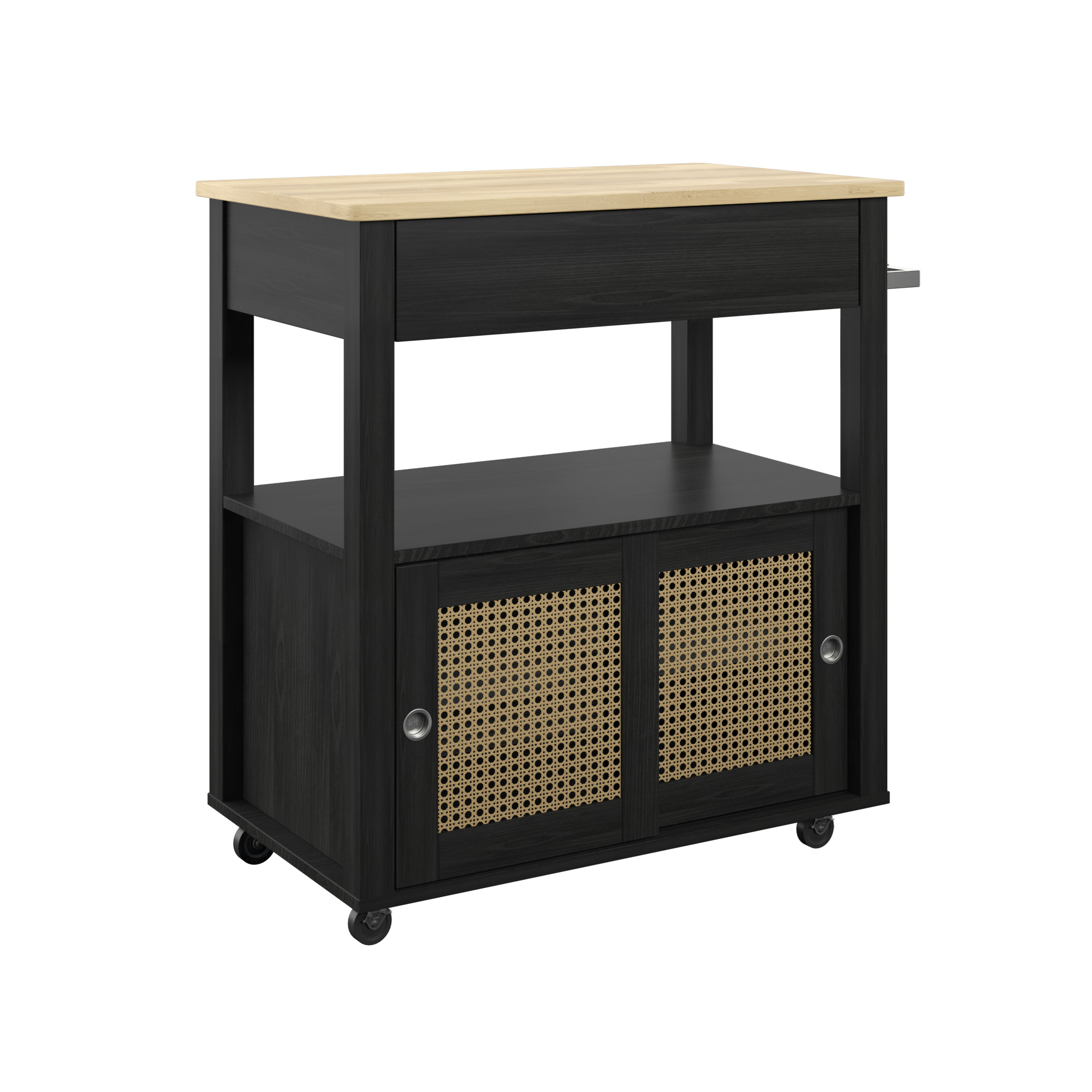 Twin Star Home Boho Kitchen Storage Cart with Sliding Doors, Black