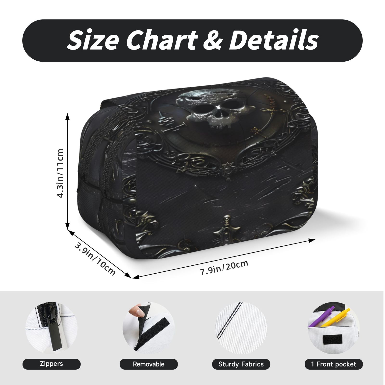 Rateoe Ornate Dark Skull Book Pattern Double Clamshell Pen Case, Storage Organizer with Two Zipper Compartments– Holds Up to 50 Pencils & Pens