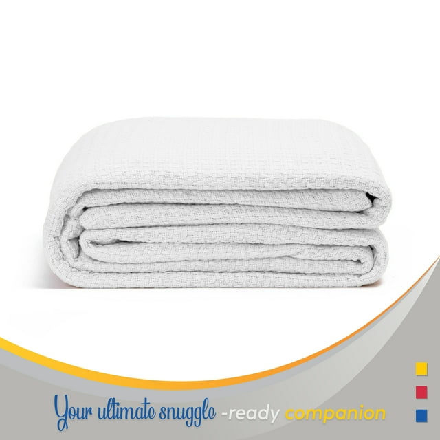 Color Sense 100% Cotton Warm & Cozy, Super Soft Basket Weave Blanket Full White