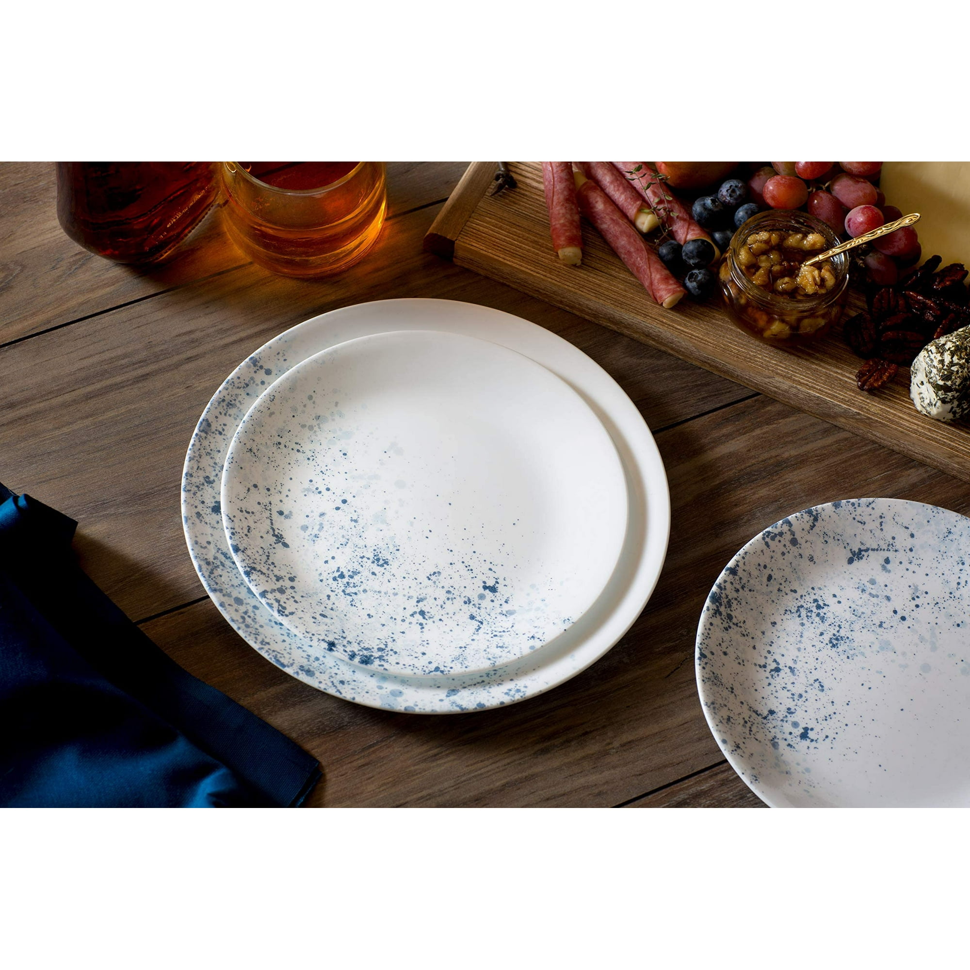 Corelle Vitrelle 18 Piece Service for 6 Dinnerware Set Triple Layer Glass and Chip Resistant Lightweight Round Plates and Bowls Set Indigo Speckle