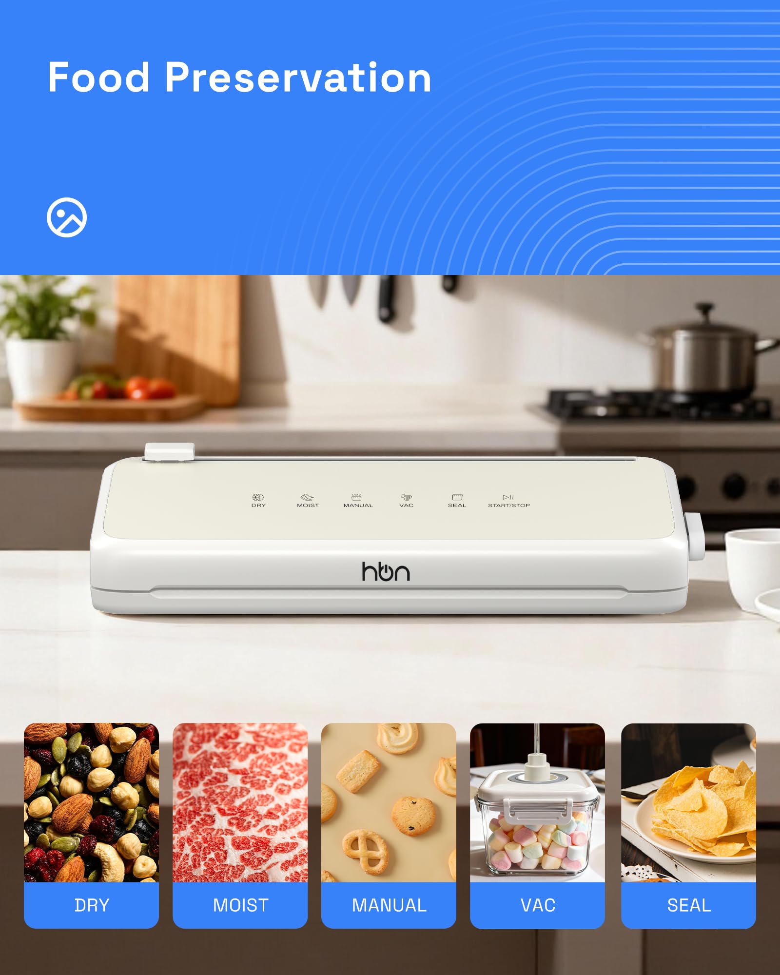 HBN Vacuum Sealer,60KPa Compact Vacuum Sealer Machine, Automatic Food Sealer  for Food Storage, Double Heat Seal Built-in Cutter with 1 Roll & 20 Bags