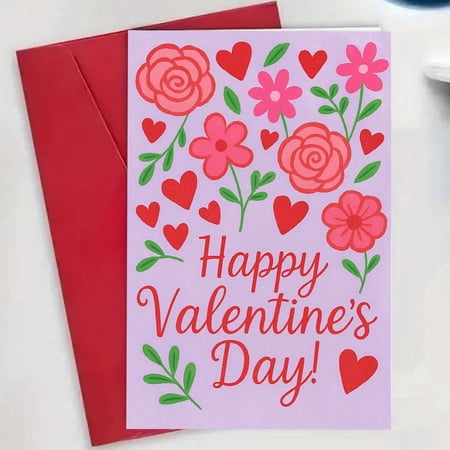 Happy Valentine s Day Card with Floral Design – Colorful Hearts and Flowers – Perfect for Loved Ones Friends and Family – Includes Envelope